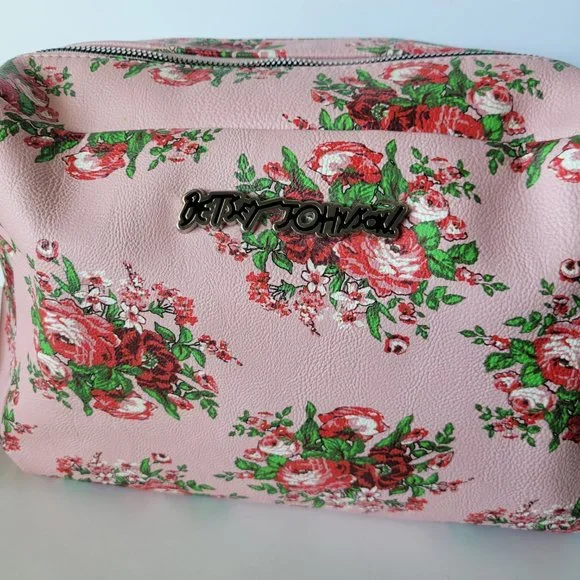 Betsey Johnson Large Double Zip Make Up Cosmetic Bag Pink Floral Red Roses - Picture 4 of 12